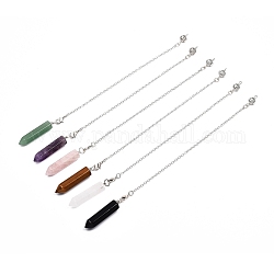 Pendules de radiesthésie pointus en pierres naturelles, avec chaînes gourmettes en laiton plaqué platine, balle, 230mm, Trou: 3mm