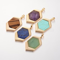 Hexagon Golden Tone Brass Gemstones Pendants, 44x24x3mm, Hole: 5x8mm