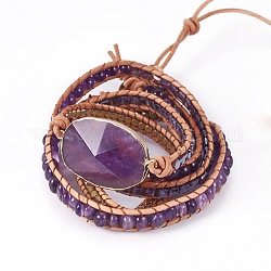 Bracelets avec cordon de cuir à 5-boucles, avec des perles de verre améthyste naturelle, accessoires d'hématite et d'alliage synthétiques, violet, 35.4 pouce (90 cm), 7~11mm, pendentif: 42~46x25~29x7~11 mm