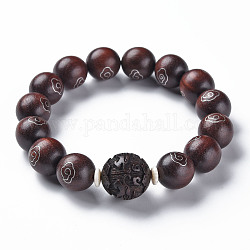 Sandelholz Mala Perlen Armbänder, buddhistischen Schmuck, Stretch-Armbänder, rund mit glückverheißender Wolke, Kokosnuss braun, Innendurchmesser: 2-1/8 Zoll (5.5 cm)