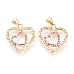 Brass Micro Pave Clear Cubic Zirconia Pendants, Long-Lasting Plated, Double Heart, Colorful, Golden, 20.5x19x2mm, Hole: 5x4mm