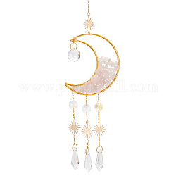 Crystal Chandelier Glass Bullet Pendant Decorations, Hanging Sun Catchers, with Natural Rose Quartz Chips Beads, for Home Decoration, Moon & Sun, Golden, 418mm