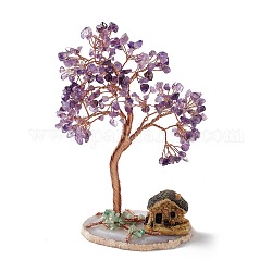Natural Amethyst & Green Aventurine Tree Display Decoration, Resin Mini House on Agate Slice Base Feng Shui Ornament for Wealth, Luck, Rose Gold Brass Wires Wrapped, 77~83x95~137x185~195mm