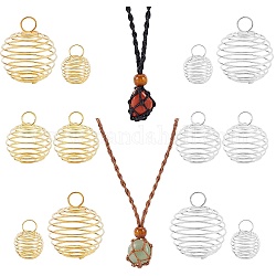 SUNNYCLUE 32Pcs 8 Style Iron Wire Pendants, Spiral Bead Cage Pendants, Round, with Necklace Cord Empty Stone Holder, Mixed Color, Pendant: 15~30x14~25mm, Hole: 4~6mm