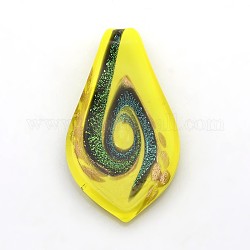 1Box Handmade Dichroic Glass Big teardrop, Pendants, with Random Color Cardboard Ribbon Bowknot Gift Box, Yellow, 63x35x6mm, Hole: 8mm, Box: 70x51x21mm