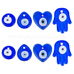 Superfindings 8pcs 4 pendentifs de lampwork faits à la main de style mauvais œil, paume & coeur & plat rond & larme, bleu, 34~50x30~36x5~7.5mm, Trou: 3.5~4.8mm, 2 pièces / style
