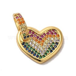Rack Plating Brass Micro Pave Cubic Zirconia Pendants, Long-Lasting Plated, Lead Free & Cadmium Free, Colorful Heart Charm, Real 18K Gold Plated, 22mm, Hole: 7.5x5mm, Pendant: 13x16.5x2mm