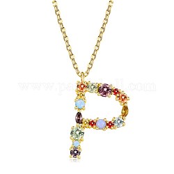 Brass Micro Pave Cubic Zirconia Pendant Necklaces, Initial Necklaces, with Cable Chains, Letter P, Colorful, Golden, 15-3/4 inch(40cm)