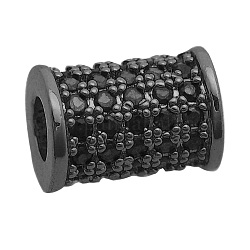 Perline zirconi micro pave  in ottone, colonna, elettroforesi nera, 9.5x7mm, Foro: 3.5 mm, 3pcs/scatola