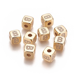 Brass Micro Pave Cubic Zirconia Beads, Horizontal Hole, Real 18K Gold Plated, Long-Lasting Plated, Cube with Letter, Clear, Letter.B, 9x9x9mm, Hole: 3.5mm