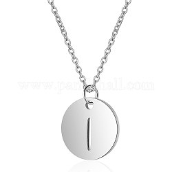 201 Stainless Steel Initial Pendants Necklaces, with Cable Chains, Flat Round with Letter, Stainless Steel Color, Letter.I, 16.3 inch(40cm), 1mm