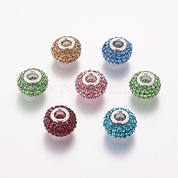Klasse A Strass European Beads, Großloch perlen, Harz, mit silberner Farbe Messingkern, Rondell, Mischfarbe, 15x10 mm, Bohrung: 5 mm