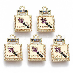Brass Micro Pave Cubic Zirconia Charms, Nickel Free, Real 18k Gold Plated, Lock with Word Love, Colorful, 14x9x2mm, Hole: 1.4mm