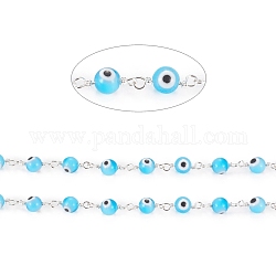 3.28 Feet Handmade Evil Eye Lampwork Round Beaded Chains, with Brass Findings, Unwelded, Long-Lasting Plated, Silver, Cyan, 15x3x6x1.8mm, Beads: 6mm