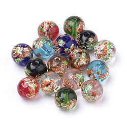 Gedruckt Glasperlen, Runde mit Blumenmuster, Mischfarbe, 10x9 mm, Bohrung: 1.5 mm