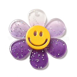 Gradient Color Transparent Acrylic Pendants, with Sequins, Sunflower with Smiling Face Charm, Purple, 30x27x4mm, Hole: 1.6mm