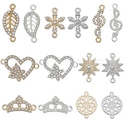 SUNNYCLUE 56Pcs 14 Style Alloy Crystal Rhinestone Connector Charms, Heart & Star & Snowflake & Crown & Leaf, Mixed Color, 11.5~29x10~23.5x1.5~3.5mm, Hole: 1.5~1.6mm, 4Pcs/style