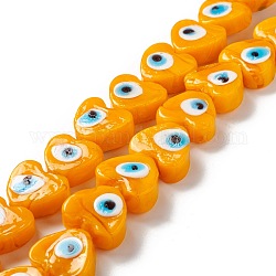 Handmade Evil Eye Lampwork Beads, Heart, Orange, 14.5~15x15.5~16x6.5~7.5mm, Hole: 1~1.6mm, about 25pcs/strand, 14.02~13.66 inch(34.7~35.6cm)