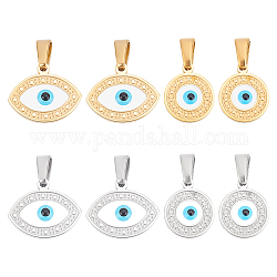 DICOSMETIC 8Pcs 4 Style 304 Stainless Steel Pendants, with Enamel, Mixed Shapes with Evil Eye, Golden & Stainless Steel Color, 12~12.5x10~15x2mm, Hole: 4.5~5x2.5~3mm, 2pcs/style