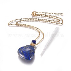 Natural Lapis Lazuli Openable Perfume Bottle Pendant Necklaces, with Stainless Steel Cable Chain and Plastic Dropper, Heart, 50~55cm, Bottle Capacity: 0.15~0.3ml(0.005~0.01 fl. oz), 2mm