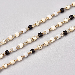 3.28 Fuß handgefertigte Glasperlenketten, mit Edelstahlkabelketten, ungeschweißte, Schwarz, golden, 1x0.9 mm