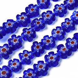 Chapelets de perle de millefiori en verre manuelles, fleur, bleu moyen, 5.5~8x2.5mm, Trou: 1mm, Environ 64~67 pcs/chapelet, 15.75 pouce ~ 16.34 pouces (40~41.5 cm)