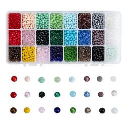 Perles en verre, facette, rondelle, couleur mixte, 4x3mm, Trou: 0.4mm, 24 couleurs, 200 pcs / couleur, 4800 pcs / boîte