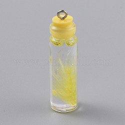 Decoraciones colgantes de botella de vidrio transparente, con pluma en el interior y tapón de plástico, amarillo, 41x11mm, agujero: 2 mm