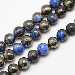 Electroplate Gemstone Natural Pyrite Round Beads Strands, Dyed, Blue, 10mm, Hole: 1mm, about 40pcs/strand, 15.74 inch