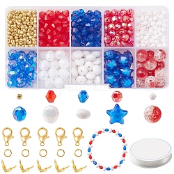Kit de fabricación de collar de pulsera del día de la independencia de diy, incluyendo bicono y estrella y cuentas redondas de acrílico y vidrio, broches de aleación, hilo elástico, color mezclado