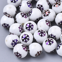 Christmas Opaque Glass Beads, Round with Electroplate Snowflake Pattern, Purple Plated, 10mm, Hole: 1.2mm