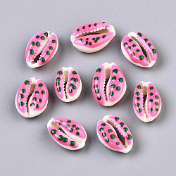 Perles de coquillage cauri naturelles, avec motif à pois en émail, pas de trous / non percés, rose chaud, 16~19x10~12.5x7mm