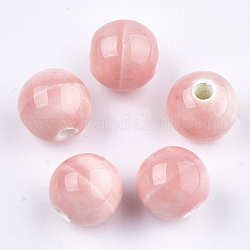Perles en porcelaine manuelles, porcelaine émaillée lumineux, ronde, rose, 8~8.5x7.5~8mm, Trou: 1.5~2mm
