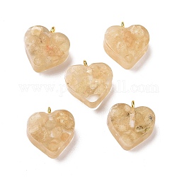 Pendentifs de copeaux teints en quartz jaune naturel en résine transparente, avec boucles en laiton doré, breloque coeur, blé, 16.5x15.5x6~6.5mm, Trou: 2mm