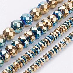 Electroplate Non-Magnetic Synthetic Hematite Beads Strands, Faceted, Mixed Shapes, Multi-color Plated, 4~8x2~8mm, Hole: 0.8~1mm, about 52~198pcs/strand, 15.1 inch~15.5 inch(38.5~39.5cm)