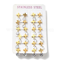 Clear Cubic Zirconia Cross Dangle Stud Earrings, 304 Stainless Steel Jewelry for Women, Golden, 20x10mm, Pin: 0.7mm