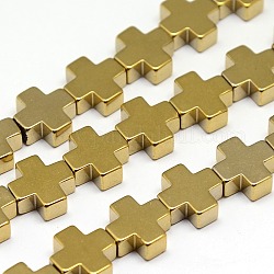 Electroplate non magnetici ematite sintetico fili di perline, croce, oro placcato, 10x10x4mm, Foro: 1 mm, su: 39 pc / strand, 15.7 pollice