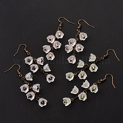 Perles de fleurs de verre pendentif Boucles d'oreilles, avec des accessoires acryliques et métalliques bronze antique plaqué, couleur mixte, 65x19mm, pin: 0.6 mm