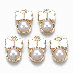 Lega di fascini dello smalto, con perla in plastica imitazione abs, bowknot, oro chiaro, bianco, 15x10x4mm, Foro: 1.2 mm