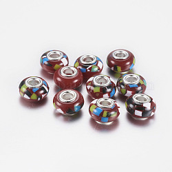 Large Hole Rondelle Resin European Beads, with Silver Color Plated Brass Cores, Dark Red, 14x9mm, Hole: 5mm