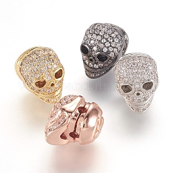 Brass Micro Pave Cubic Zirconia Beads, Skull, Mixed Color, 12x9x11mm, Hole: 1mm