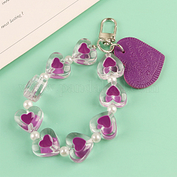 Porte-clés pendentifs en similicuir, avec des perles en résine et les accessoires en alliage, coeur avec le mot, support violet rouge, coeur: 3x3.8cm