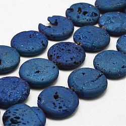 Hebras de cuentas de cristal de geoda druzy electrochapadas, plano y redondo, teñido, azul chapado, 30x7~8mm, agujero: 2 mm, aproximamente 7 pcs / cadena, 8.26 pulgada (21 cm)
