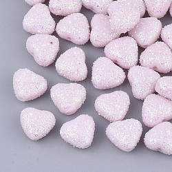 Perles acryliques opaques, avec de la poudre de paillettes, cœur, rose, 8x9.5x5.5mm, Trou: 1.4mm