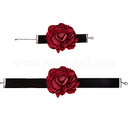Craspire gothique tissu fleur cordon bracelet et collier tour de cou, ensemble de bijoux en velours pour femme, rouge foncé, 7~7-3/8 pouce (17.7~18.7 cm), 13.31~13.46 pouce (33.8~34.2 cm), 2 pièces / kit