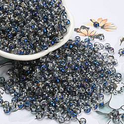 Perles de rocaille en verre d'iris, demi-plaqué, deux tons, ronde, bleu minuit, 6/0, 4x3mm, Trou: 1.4mm