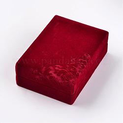 Cajas de collar de terciopelo rectángulo, cajas de joyas, patrón de flores, rojo, 10.1x7.1x3.6 cm