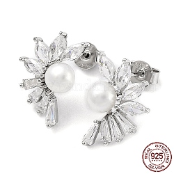 Pendientes de flor de circonita cúbica con perlas naturales., Pendientes de plata de ley 925 con baño de rodio para mujer., Platino, 17x11.5mm