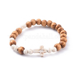 Bracelets élastiques, avec des perles en bois et des perles synthétiques turquoise, croix, blanc, 2-1/8 pouce (5.5 cm)