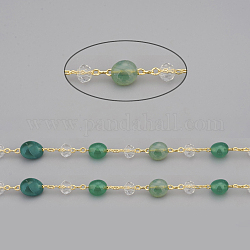 Chaînes de perles d'agate verte naturelle faites à la main de 3.28 pied, avec perles de verre rondelles et chaînes forçat en laiton doré, Plaqué longue durée, non soudée, pépites, lien: 2x1.5x0.3 mm, pierres fines perles: 6~12x6~6.5x4~4.5 mm, perles de verre: 4x3 mm
